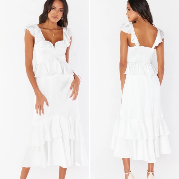Show Me Your MuMu Ivory Satin Reese Ruffle Dress Small - Picture 2 of 12